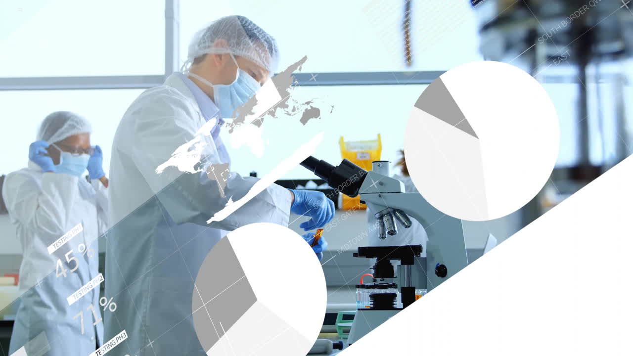In lab, scientists using microscopes with animation of data charts overlaying