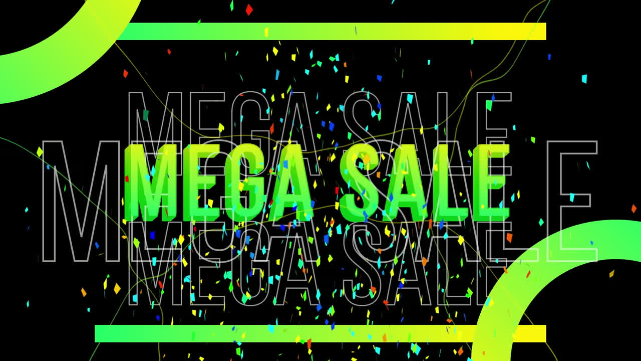 Animation of mega sale text with geometric shape and falling confetti over black background