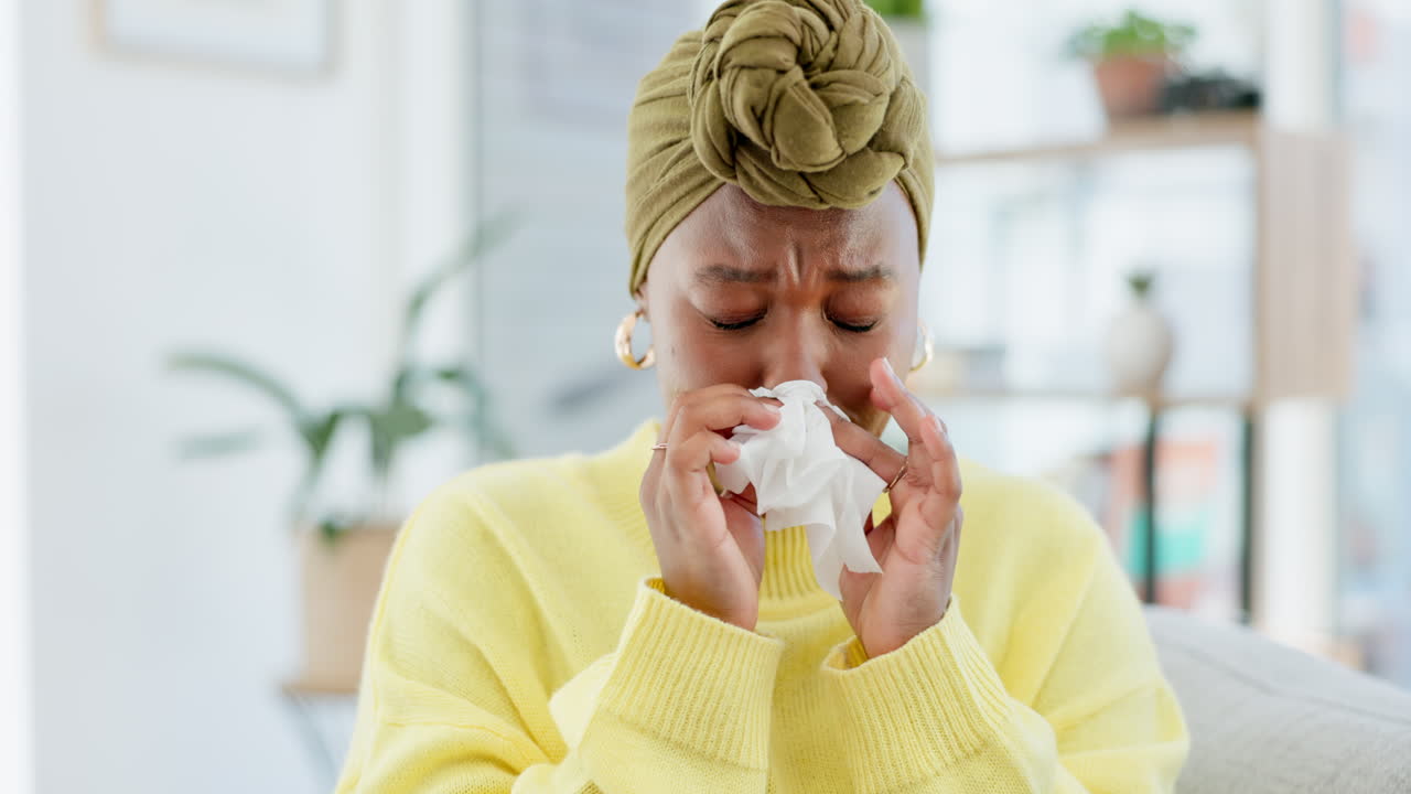 mujer negra, estornudando y enferma con pañuelo en el sofá
