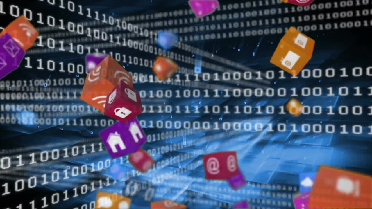 Internet icons with binary codes for social media