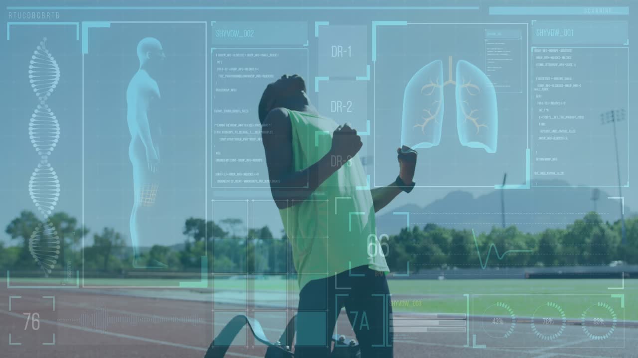Animation of digital screen over african american man with running blade training at stadium