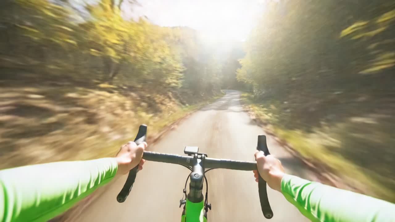 A Thrilling Journey Through Nature: Riding a Bicycle on a Winding Road Surrounded by Lush Green Trees Under the Soft Glare of Morning Light