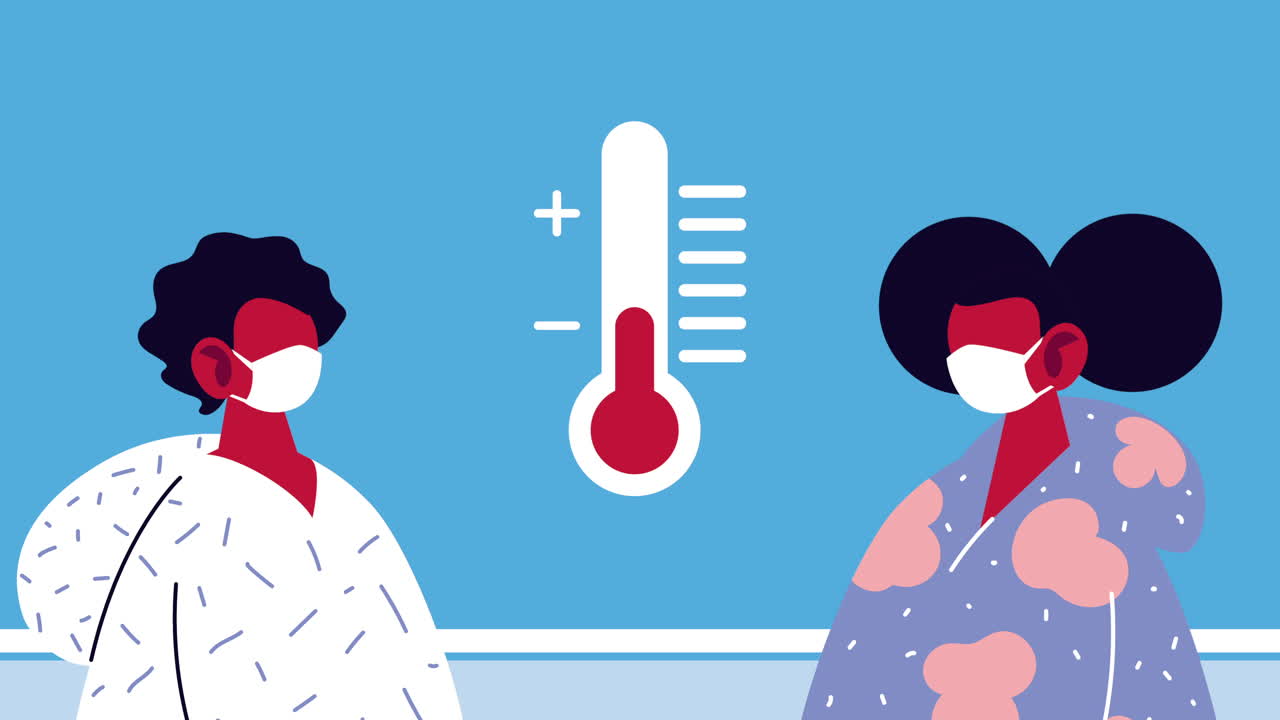 코로나19 백신 마스크를 착용하고 온도계를 착용한 여성 환자