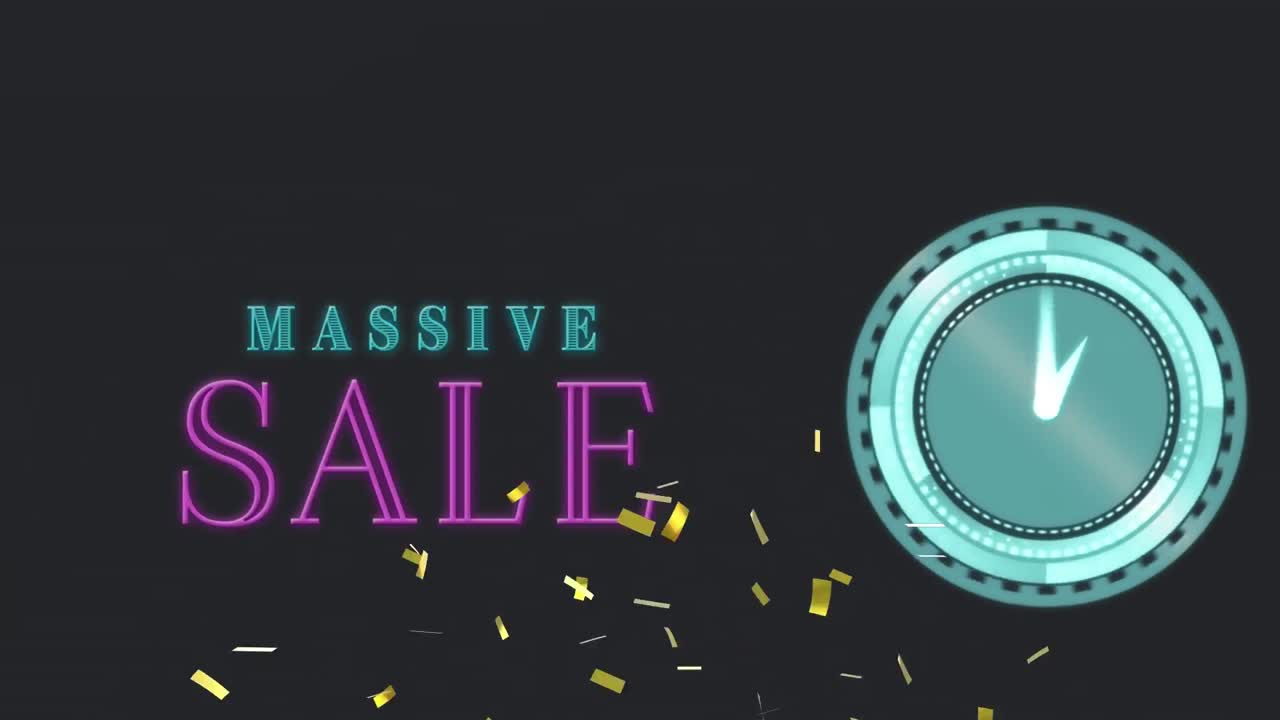 검은색 배경에 판매 텍스트와 시계와 함께 콘페티의 애니메이션