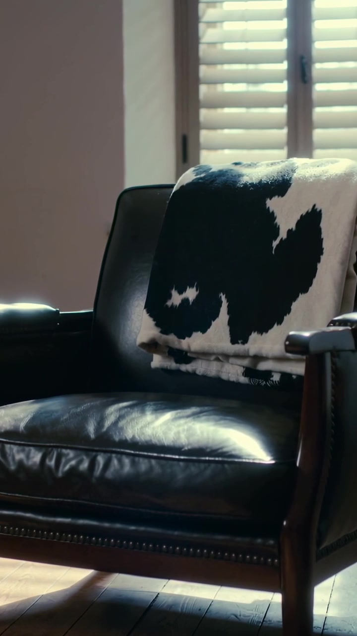 Video verticale: Telecamera posizionata su una sedia di pelle a casa, con le persiane che proiettano una luce mutevole su un plaid.
