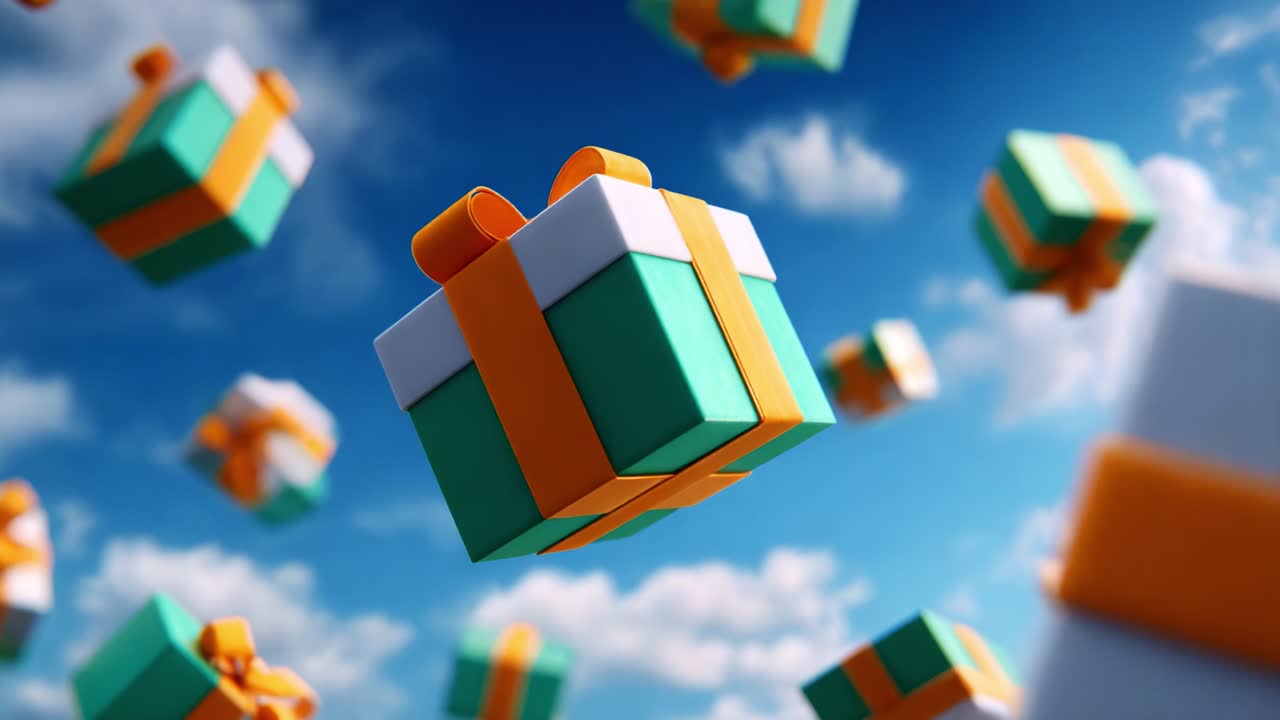 A Celebration of Colorful Floating Gift Boxes against a Bright Blue Sky with Fluffy Clouds, Capturing the Spirit of Surprise and Joy in a Whimsical, Animated Style, Perfect for Festive Occasions