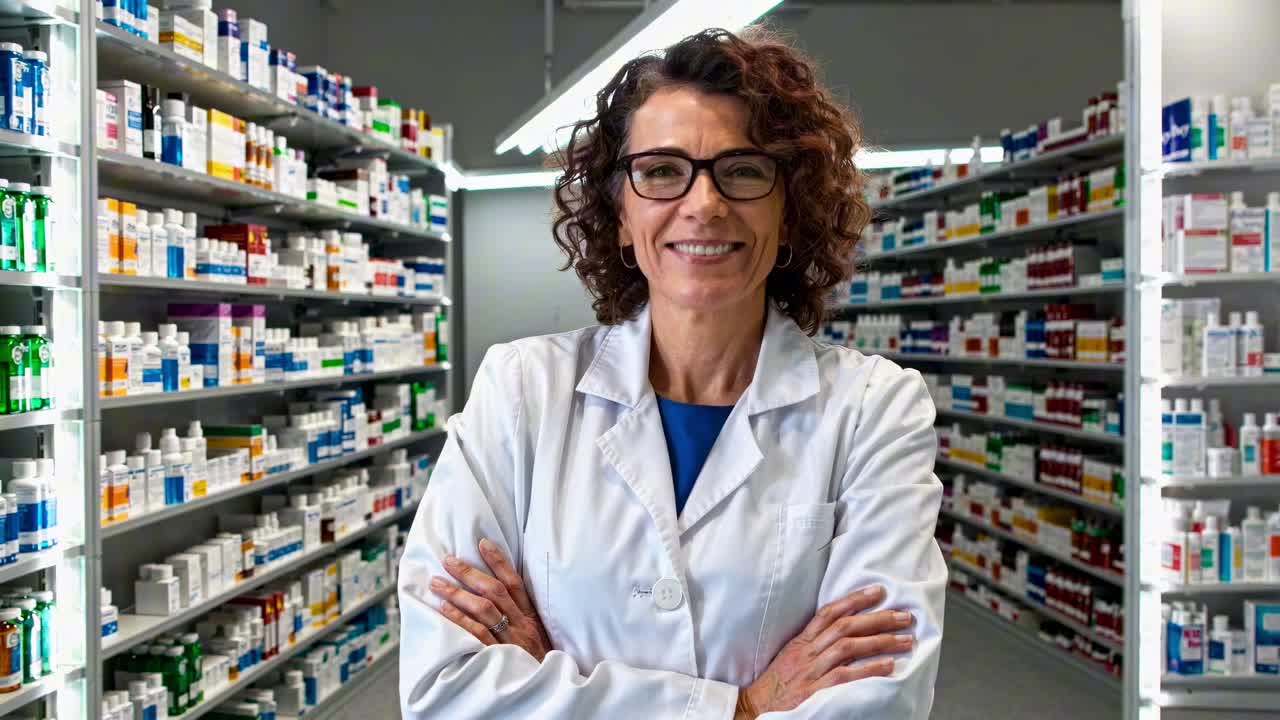Un farmacéutico seguro de sí mismo con bata blanca está de pie con los brazos cruzados en el pasillo de una farmacia.
