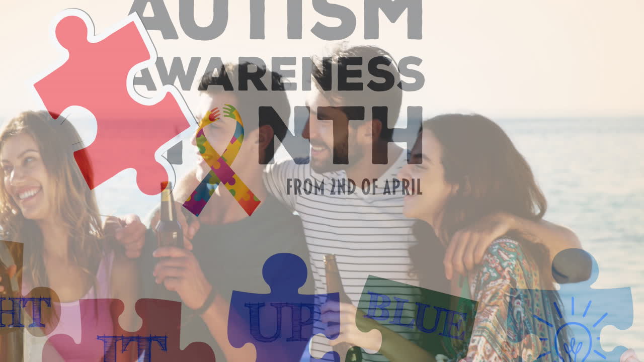 анимация красочных кусочков головоломки и текста об аутизме над счастливыми друзьями, пьющими пиво на пляжной вечеринке