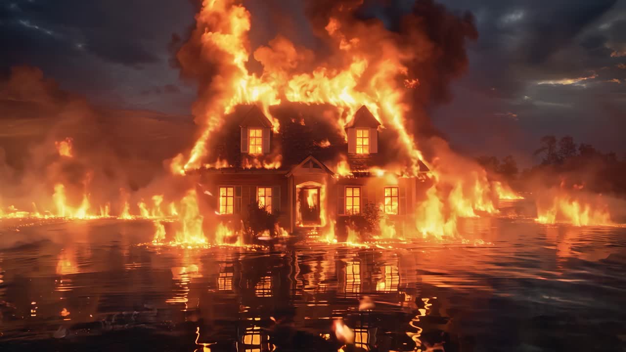 A house is on fire and the flames are reflecting in the water. Scene is intense and dramatic