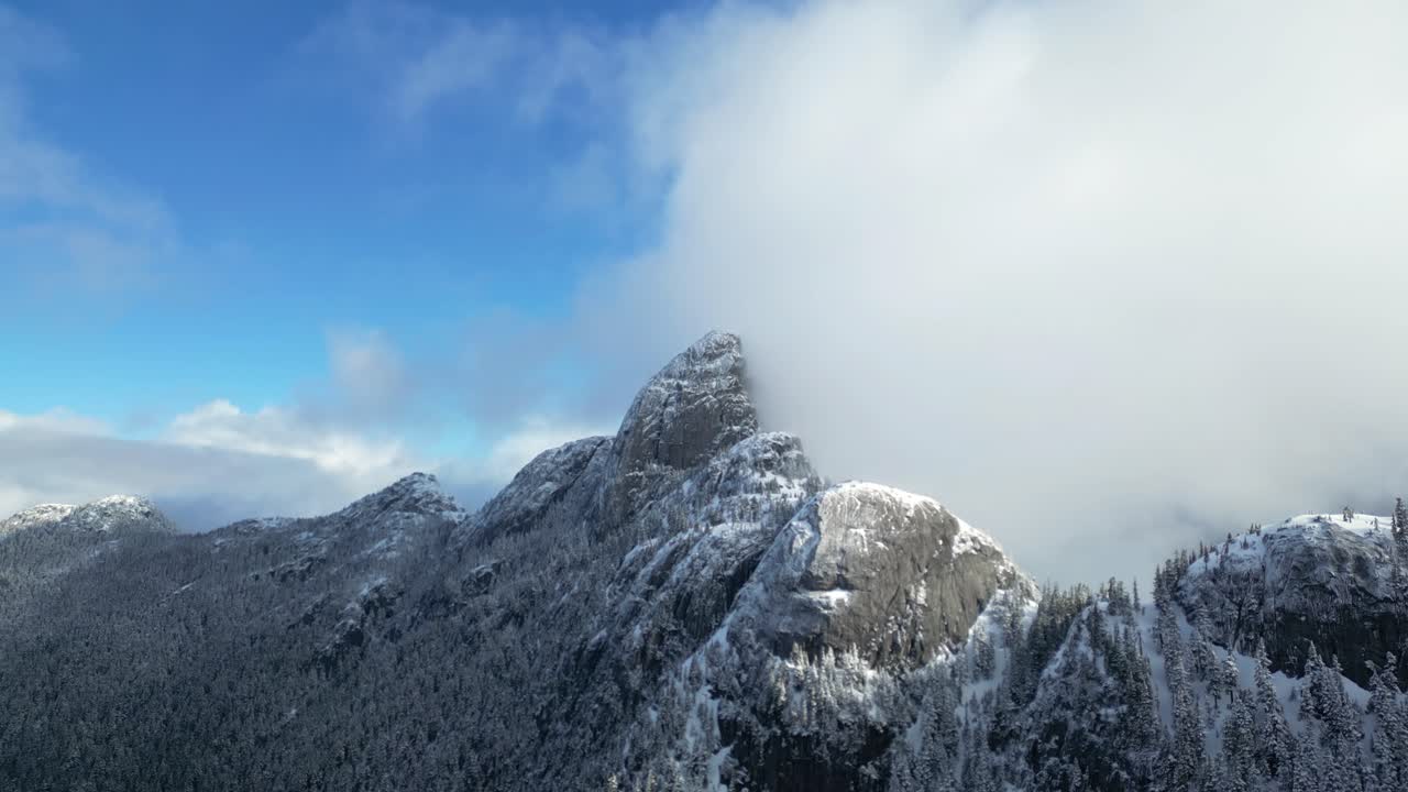 눈과 나무가 있는 바위 산꼭대기
