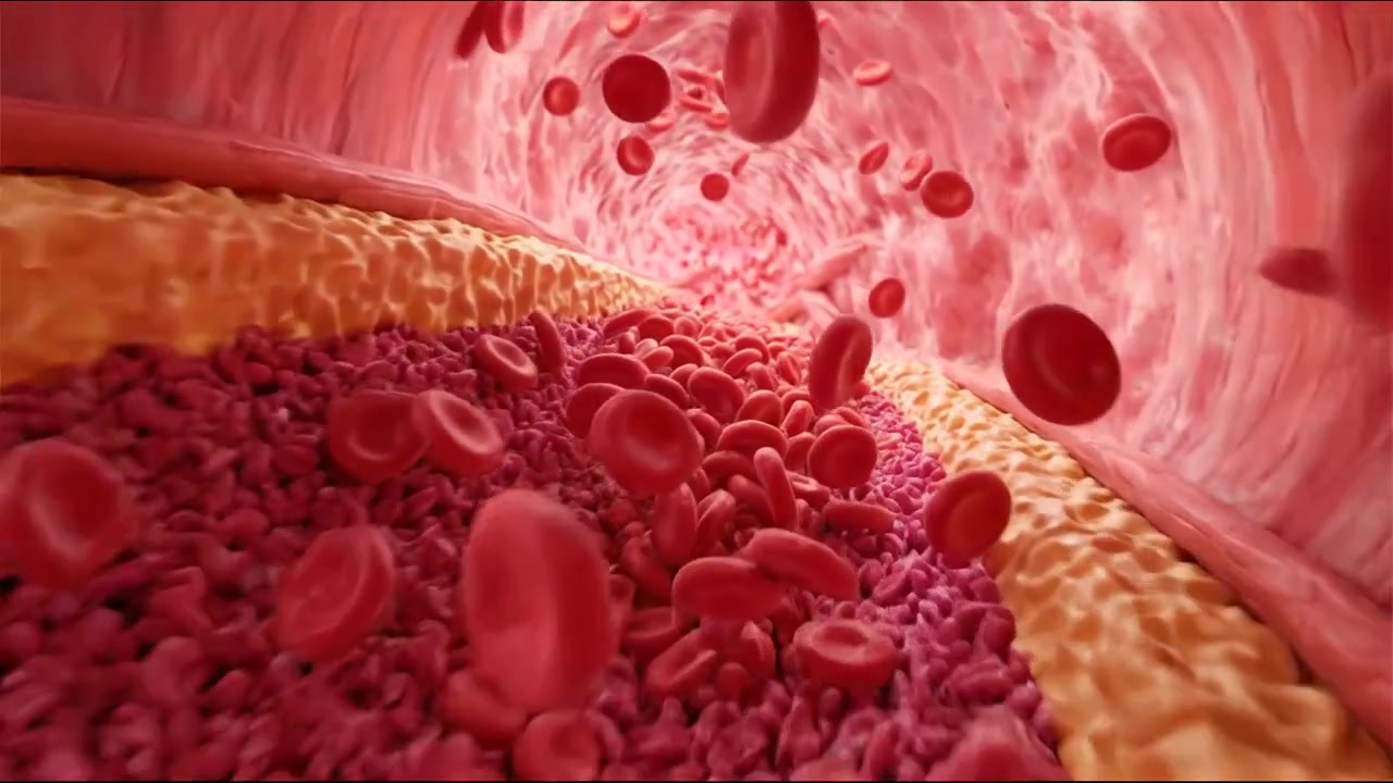 Red Blood Cells Flowing Through Human Artery with Plaque Buildup