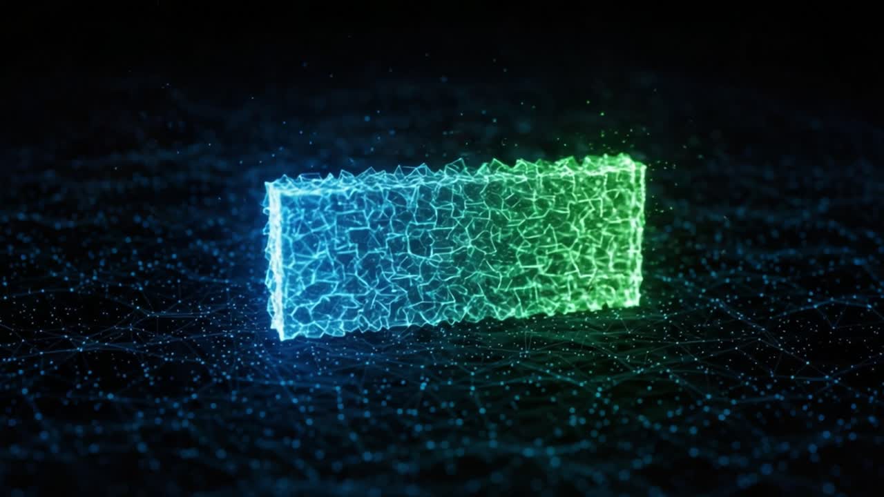 Illuminated Geometric Structure Evolving in a Digital Space, Showcasing a Dynamic Fusion of Green and Blue Sparks Against a Dark Background