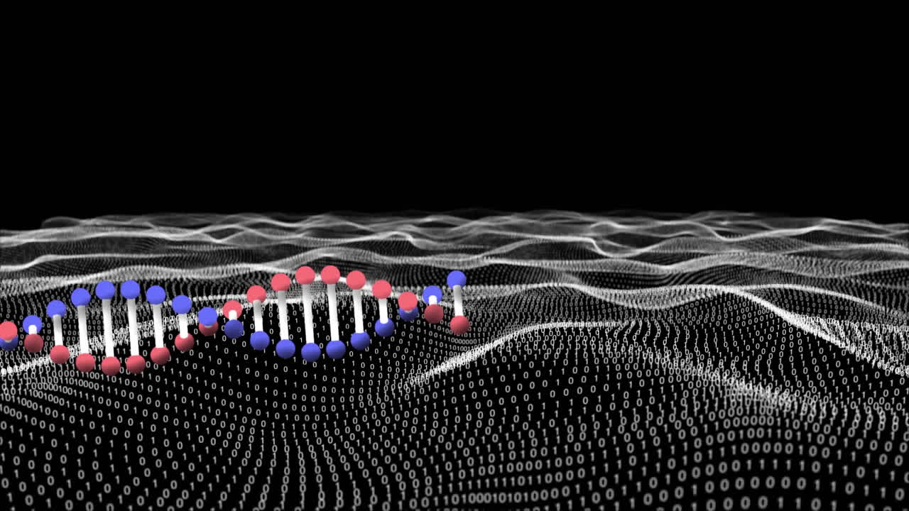 검은색 배경에서 파동하는 데이터 위로 움직이는 dna 사슬의 애니메이션
