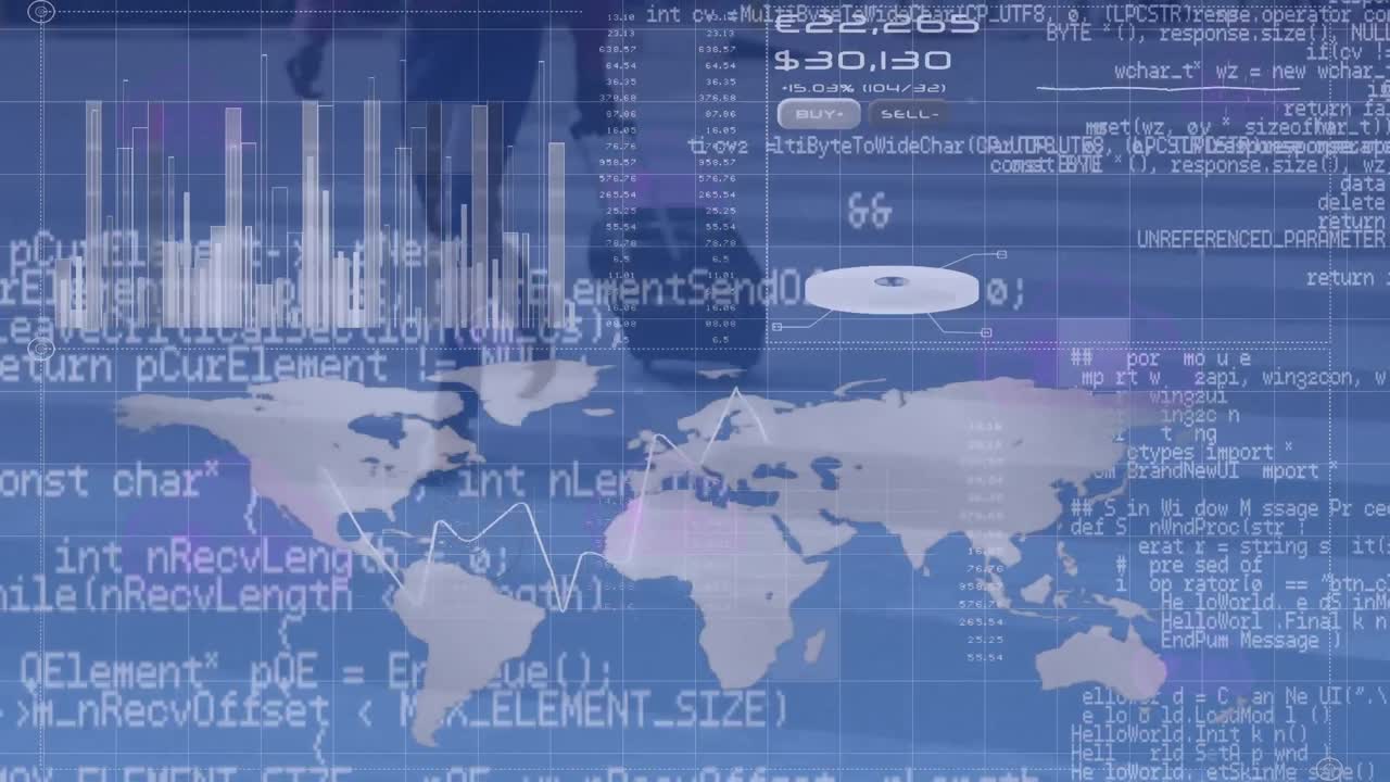animación del lenguaje informático sobre gráfico, mapa, hombre de negocios afroamericano caminando con una maleta