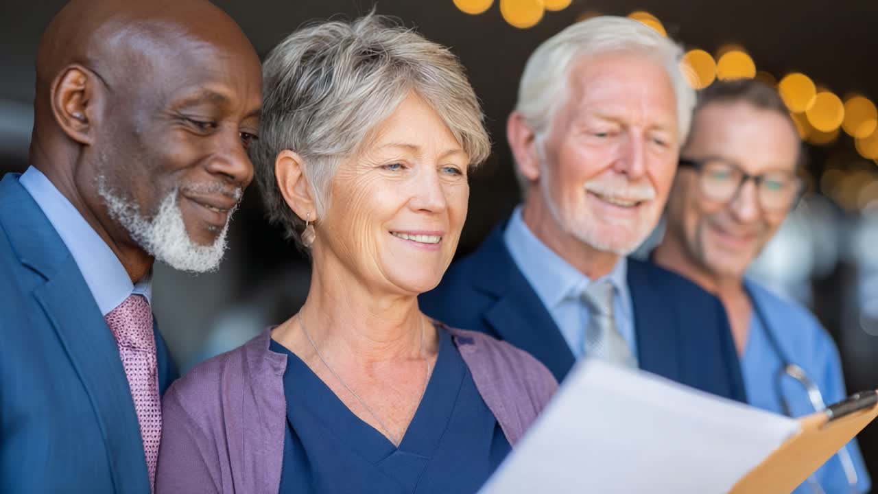 A group of four diverse professionals engaged in a collaborative discussion, demonstrating teamwork and positive communication while reviewing important documents in a modern setting