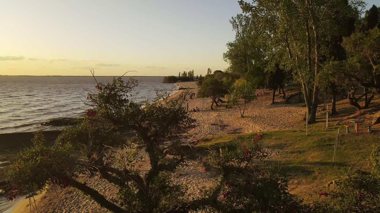 Drone che sorvola gli alberi lungo la costa di Fray Bentos con persone che giocano a beach volley al tramonto, Uruguay