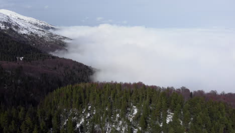 drone view of beautiful mountainside forest slopes covered in foggy clouds snow covered mountain peak at the distance winter day