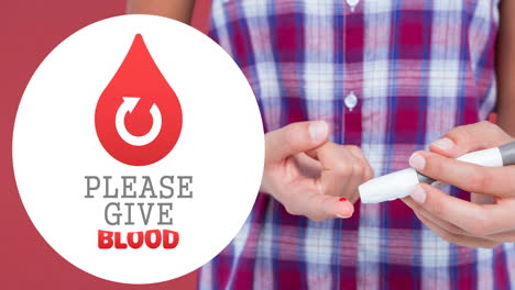 animation of give blood text with arrow in droplet logo over man taking pinprick blood test