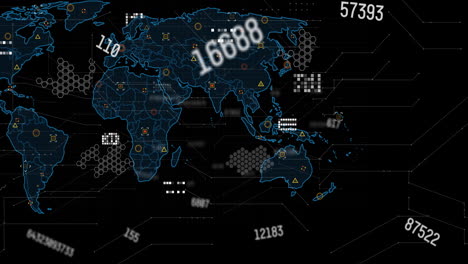 Animation-Der-Datenverarbeitung-über-Weltkarte-Auf-Schwarzem-Hintergrund