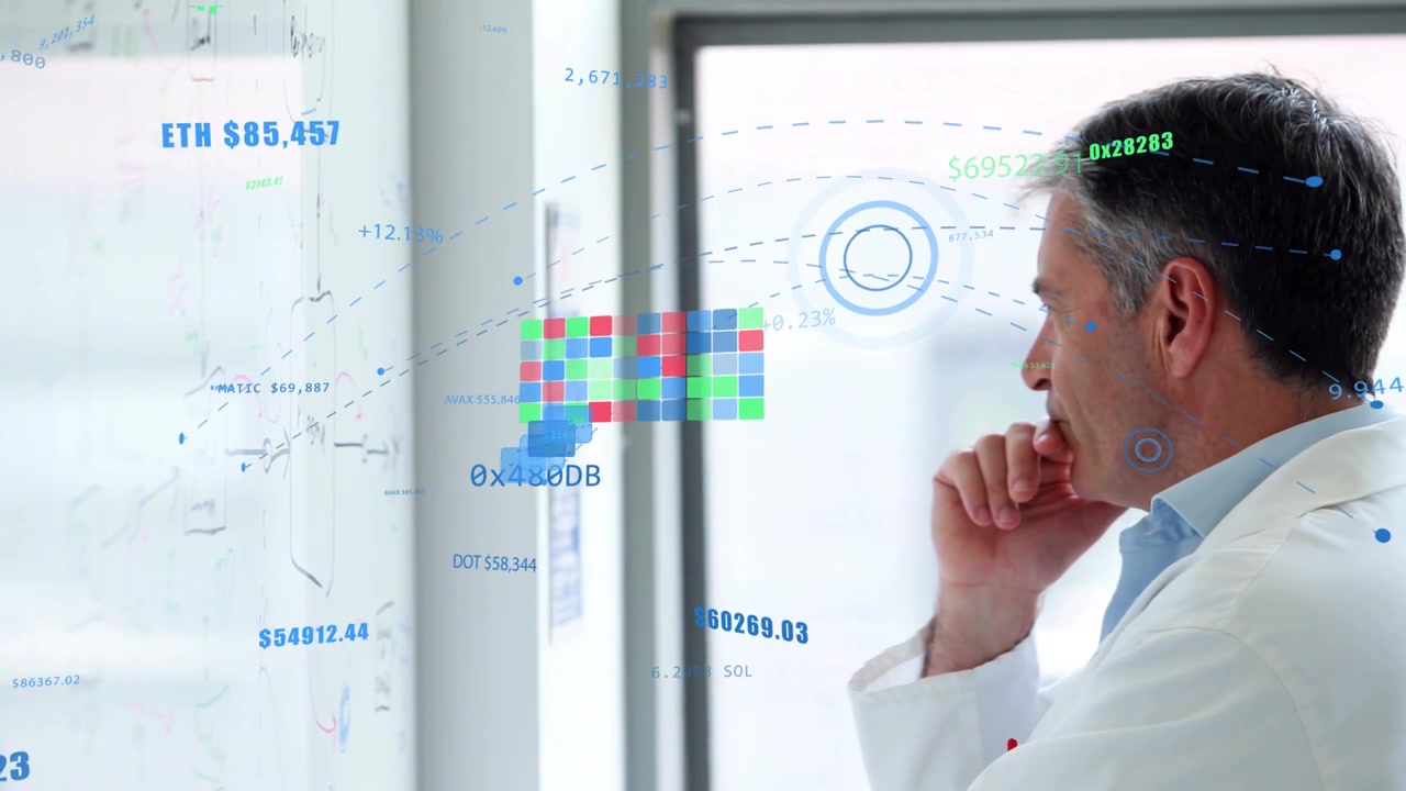 Pointing hand initiating data, male researcher approaching glass, analyzing crypto charts