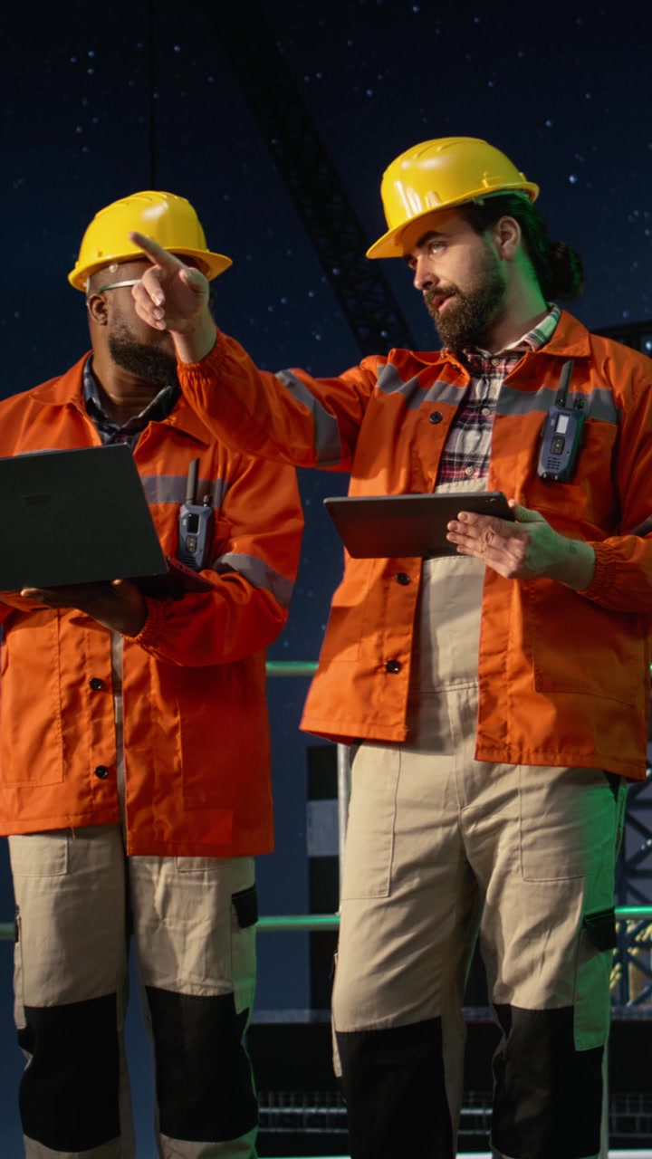 Vertical video Monitoring ship resources, oil crisis and cheerful offshore rig crew members