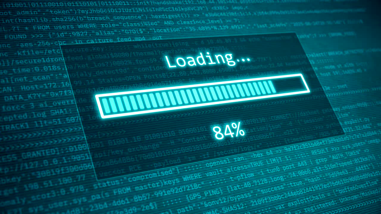Digital Loading Progress Bar Animation with Code Background, System Processing and Completion Interface Loop