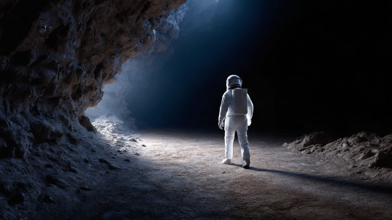 Um astronauta está sozinho em uma caverna escura iluminada por uma misteriosa luz azul, explorando as profundezas desconhecidas de um ambiente subterrâneo em um cenário futurista.
