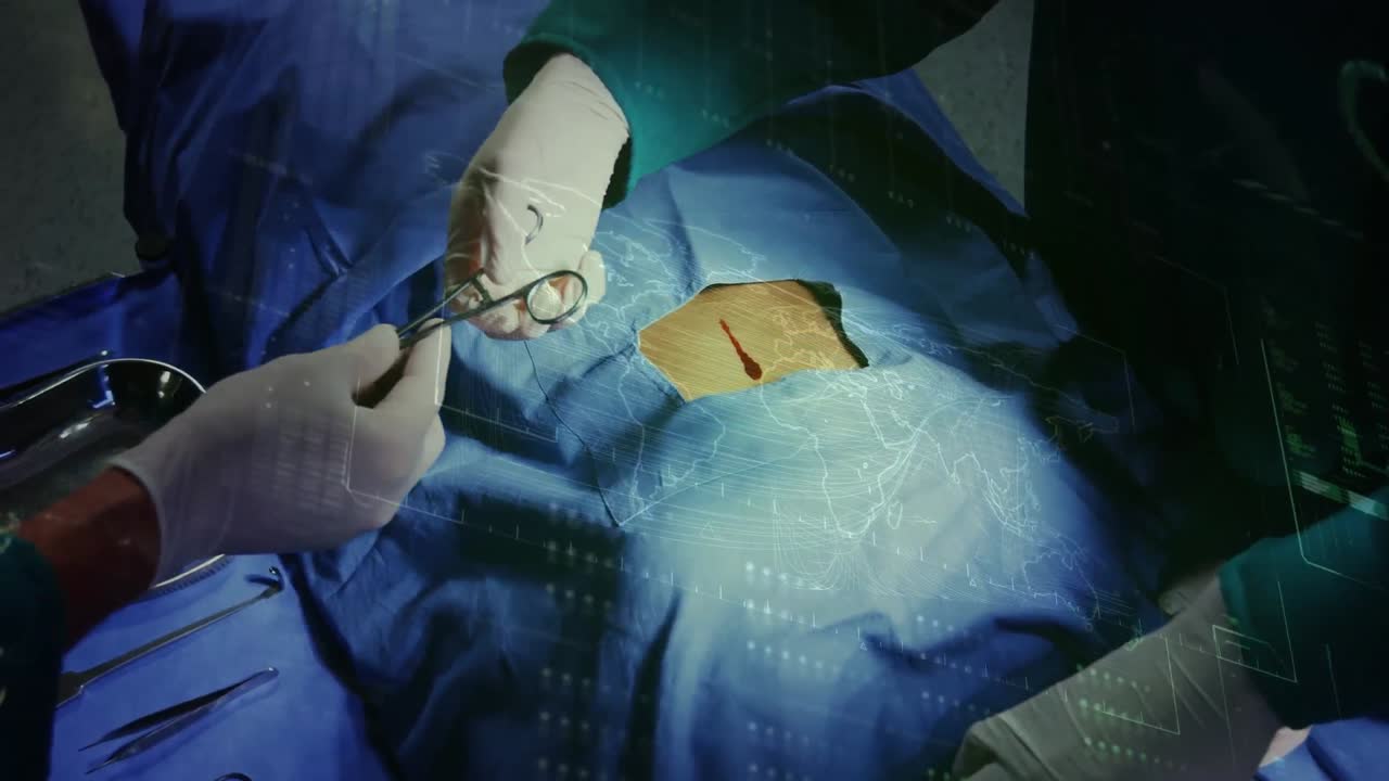 병원에서 수술을 하는 외과 의사들의 중간 섹션에서 데이터 처리의 애니메이션