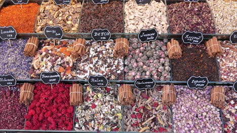 a variety of tea blends in a market