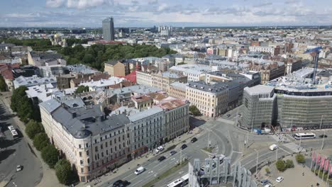 cinematic aerial shot of the riga cityscape flying down to reveal the riga clock tower latvia, europe, drone