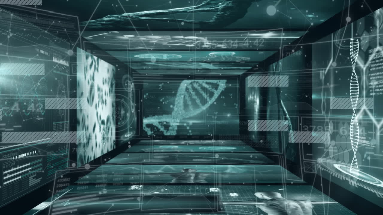 Processing scientific data, DNA strand animating in futuristic digital environment