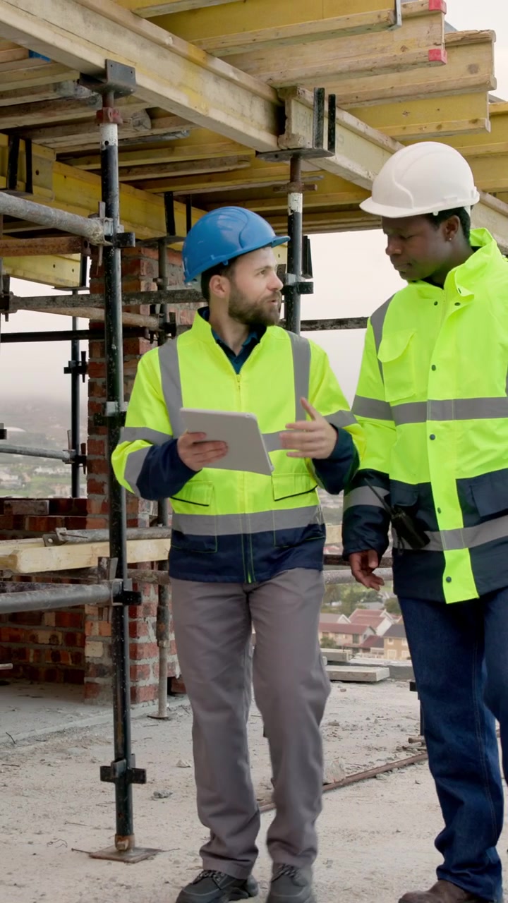 Construction Workers Discussing Project Plans on Tablet at Building Site