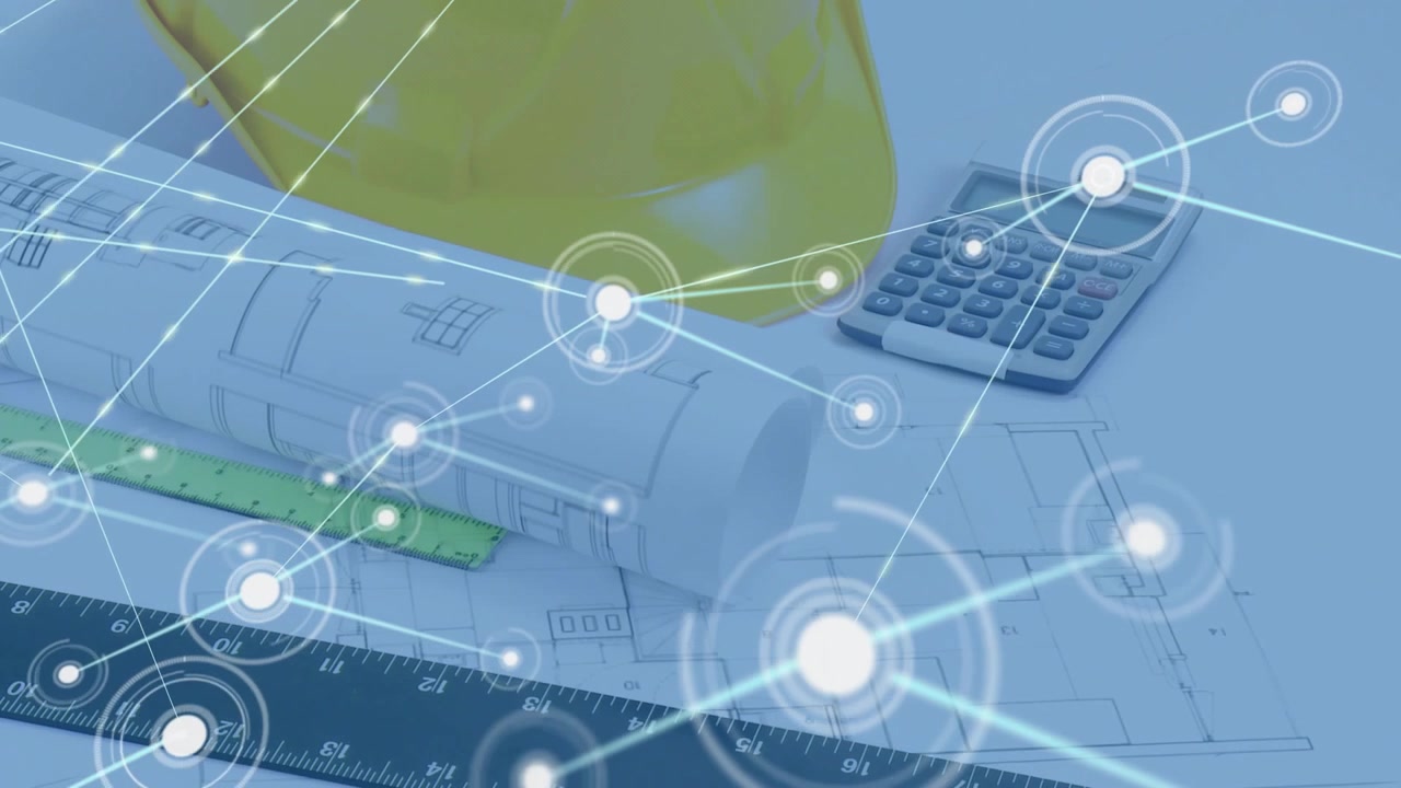 Nodo brillante apareciendo en un plano, emitiendo una red a través de un sombrero amarillo, ilustrando conectividad
