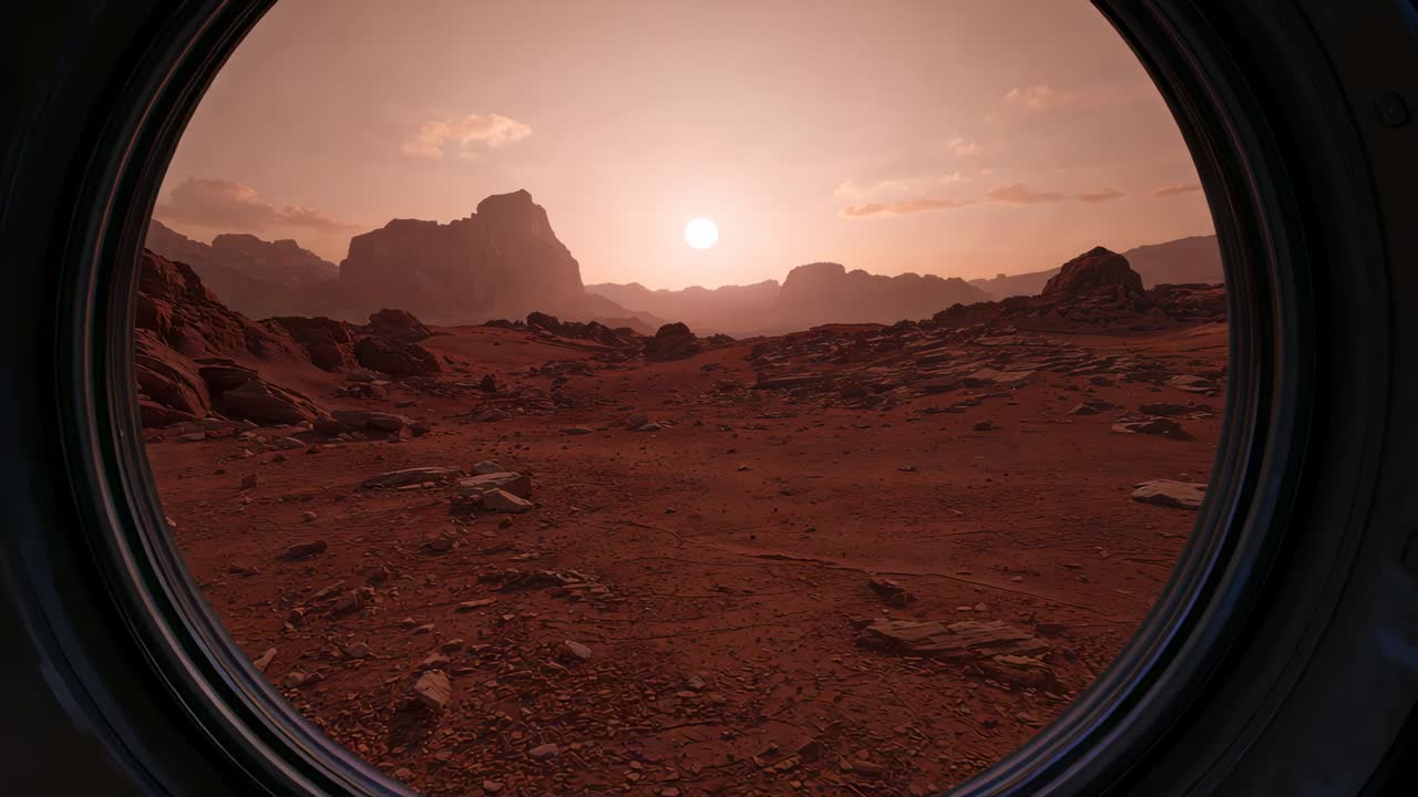 Oblò che si apre, carrellata in avanti che svela una pianura rocciosa all'alba, inquadrando il sole e le mesas
