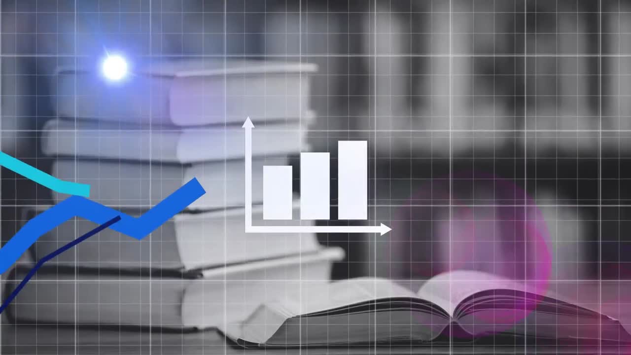 animación de líneas azules y procesamiento de datos financieros sobre libros