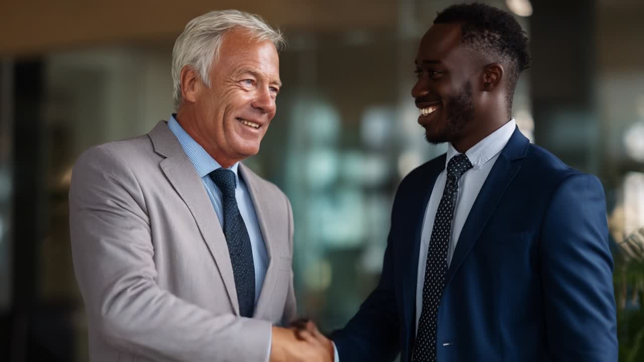 An Engaging Business Interaction: Two Professionals Shaking Hands in a Modern Office Environment, Signifying Partnership and Connection in the World of Business