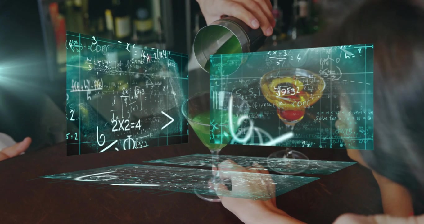 Female bartender pouring green cocktail on wooden bar, projecting holographic technology interfaces
