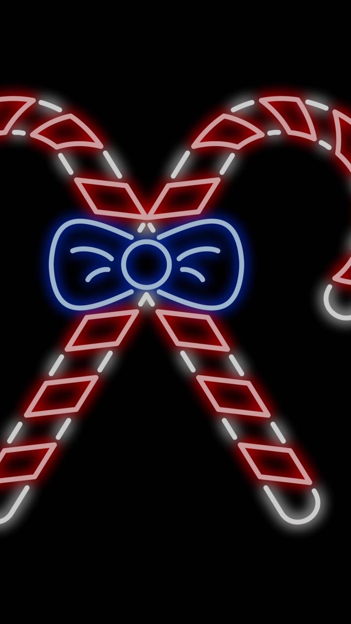 Animasjon av julegodteri i neon på svart bakgrunn.