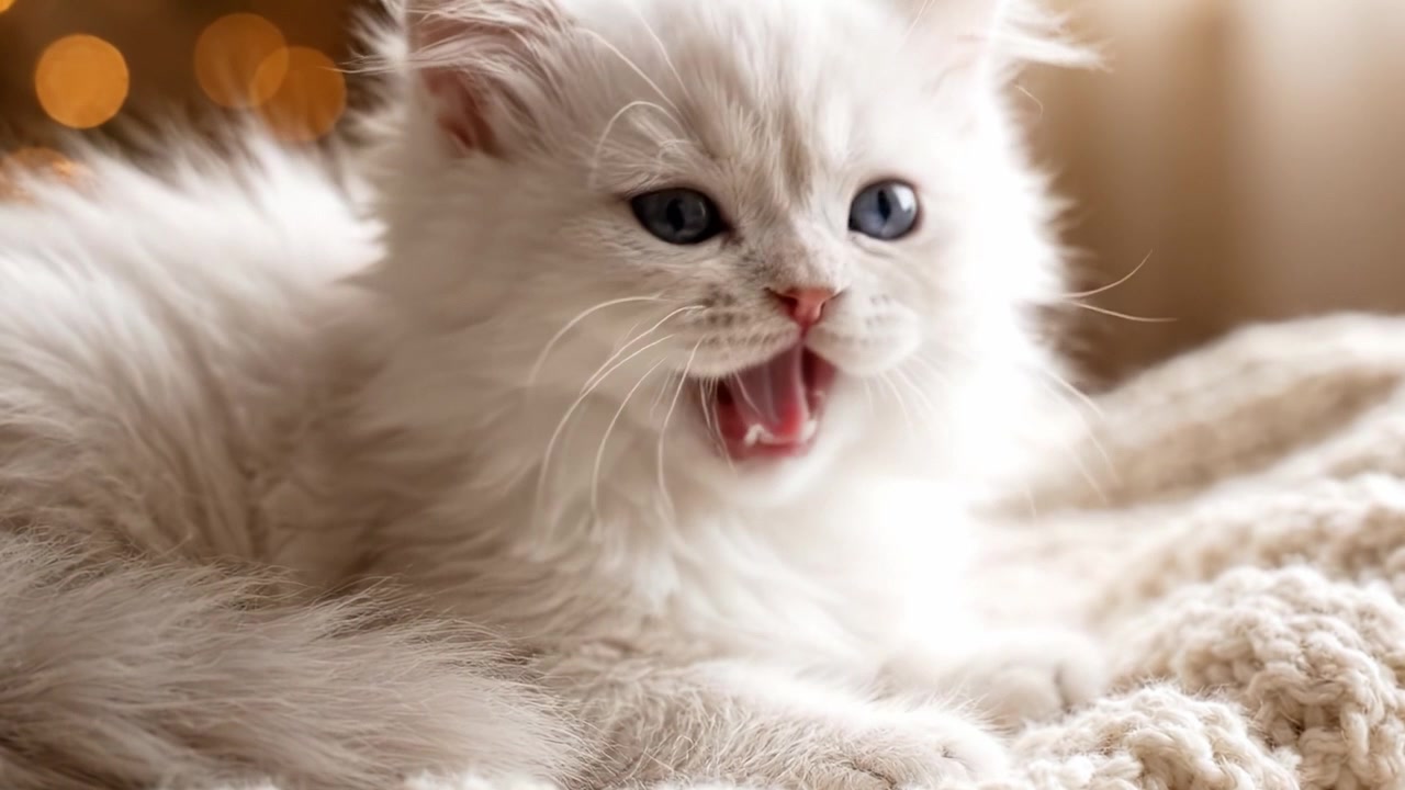 Anak Kucing Putih Menawan Bermata Biru Beristirahat di Selimut Nyaman dari Dekat, Menangkap Ekspresi Menggemaskan dan Bulu Halus dalam Suasana Hangat dan Nyaman