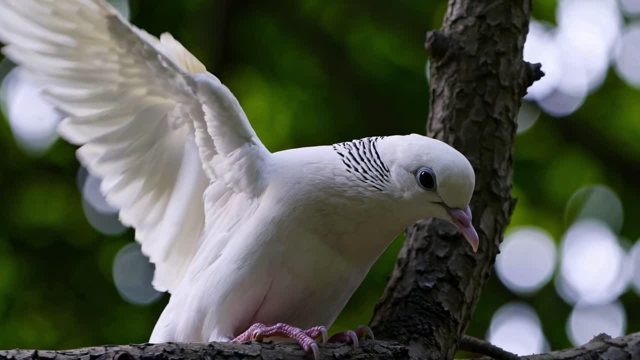 Close-up video of a white bird with open wings perched on a branch, captured from a low angle