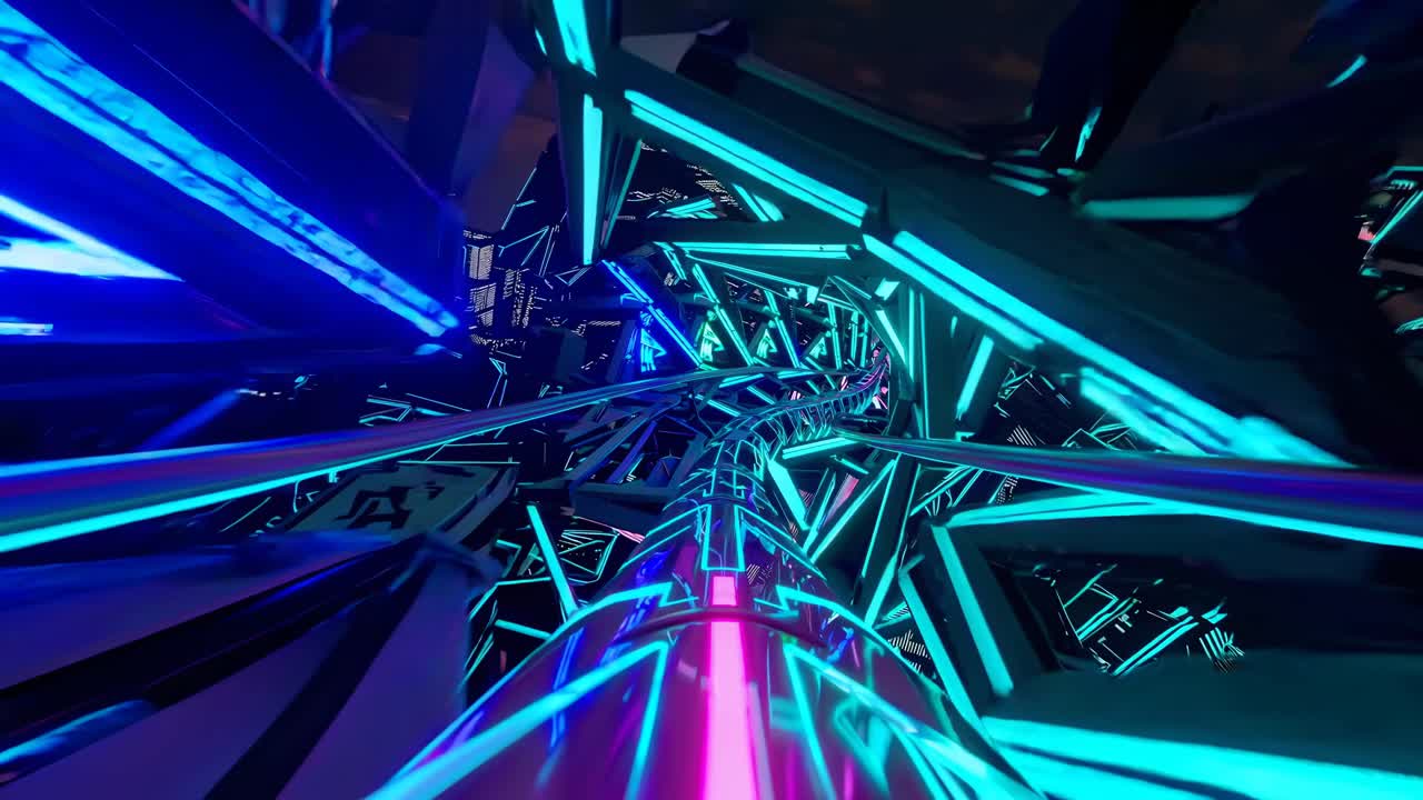 Video futuristico con strutture astratte illuminate al neon. La visuale dinamica dal basso crea un senso di