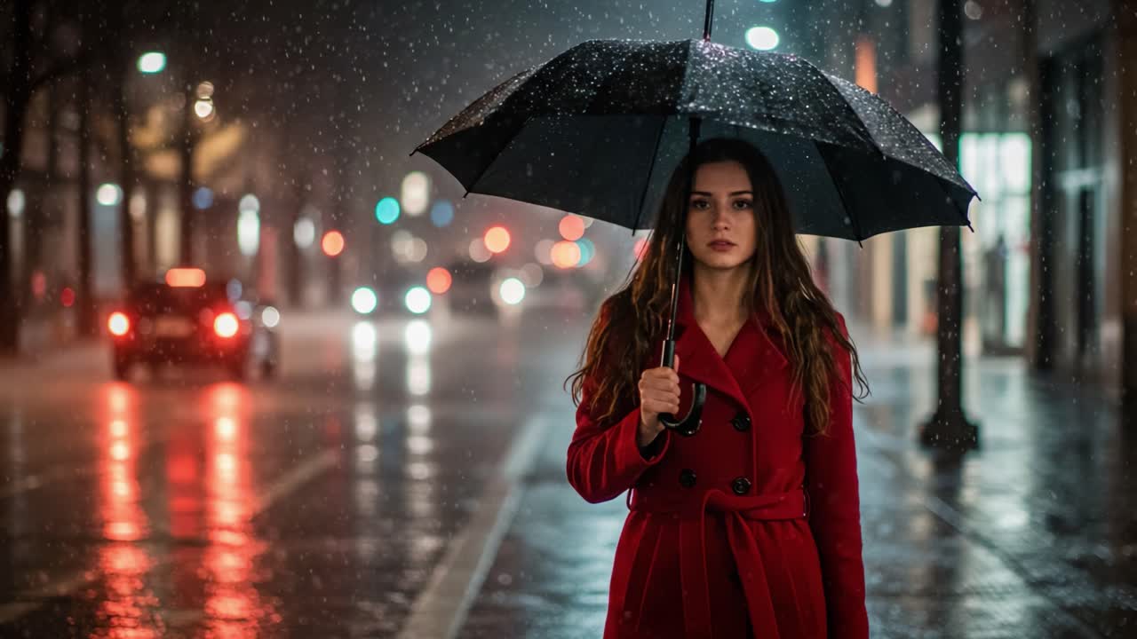 Woman in Red Coat with Umbrella Walking in Rain at Night