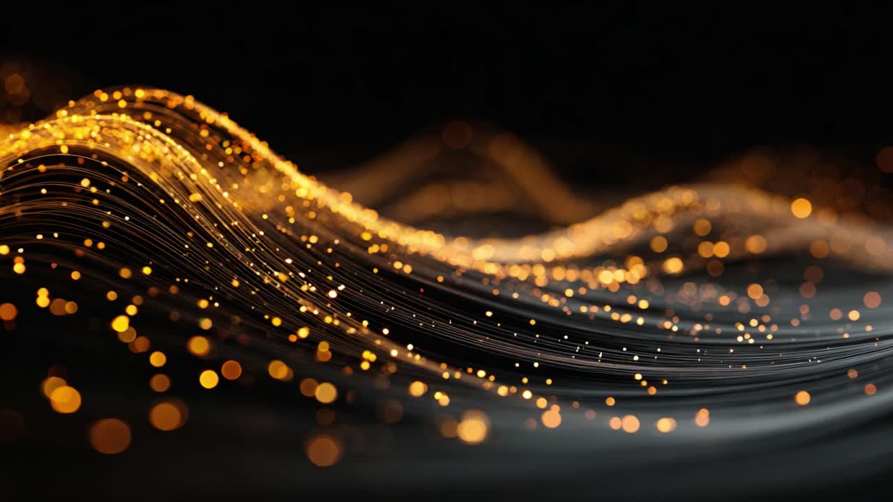 An ethereal display of glowing golden waves, swirling gracefully against a dark backdrop, creating an enchanting and mesmerizing visual experience of light and motion