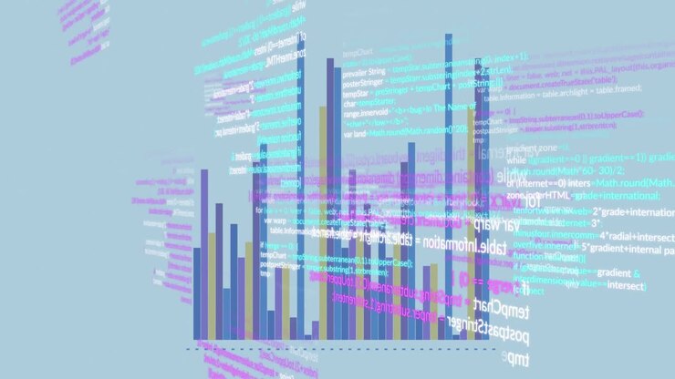 Animation of financial data processing and statistics over white background