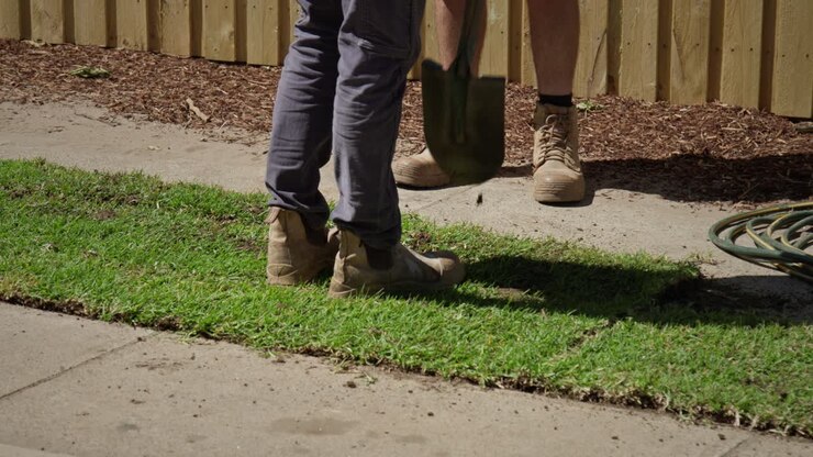 Close-up of a landscaper using a shovel to trim and shape the edge of newly laid turf beside a concrete path. The scene shows outdoor yard work in progress