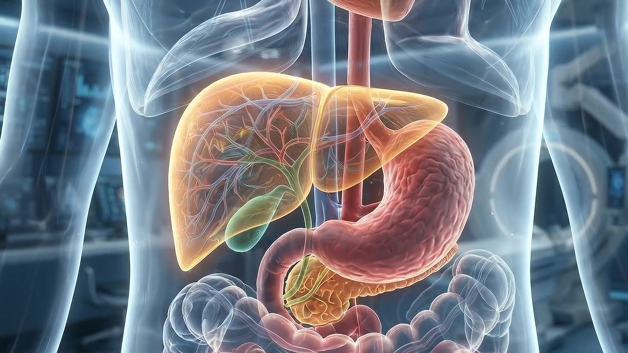 Upper digestive organs including liver and stomach anatomy render