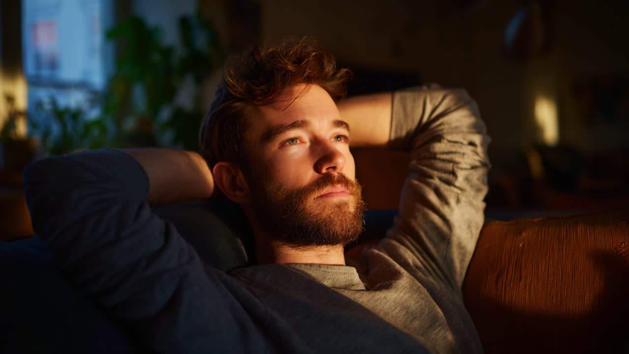 A Man Contemplates Relaxedly in Warm Evening Light with a Thoughtful Expression, Sitting Comfortably on a Couch Surrounded by Indoor Plants and Cozy Ambience