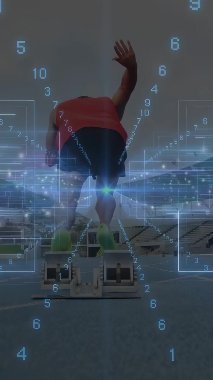Vertical video: Launching sprinter red top off blocks in arena, neon spikes watch AR blue flare
