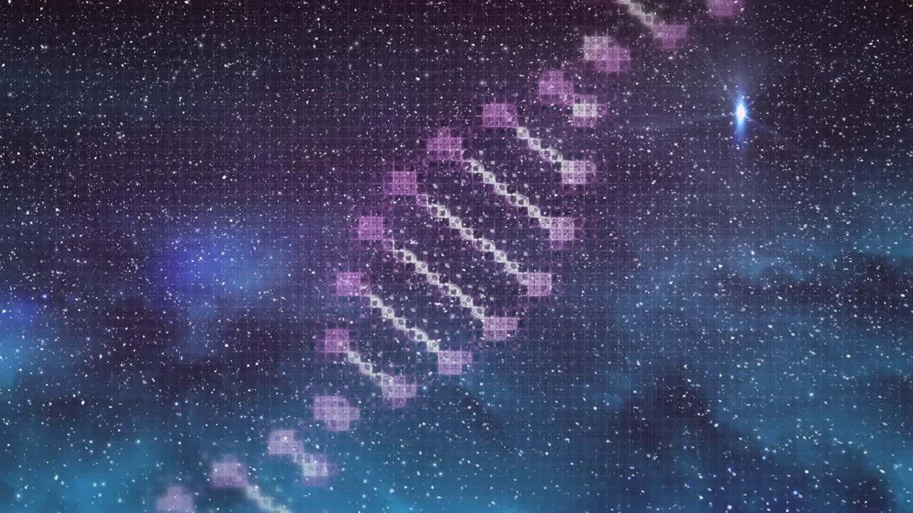 검은 바탕에 내리는 눈 위에서 회전하는 dna 가닥의 애니메이션