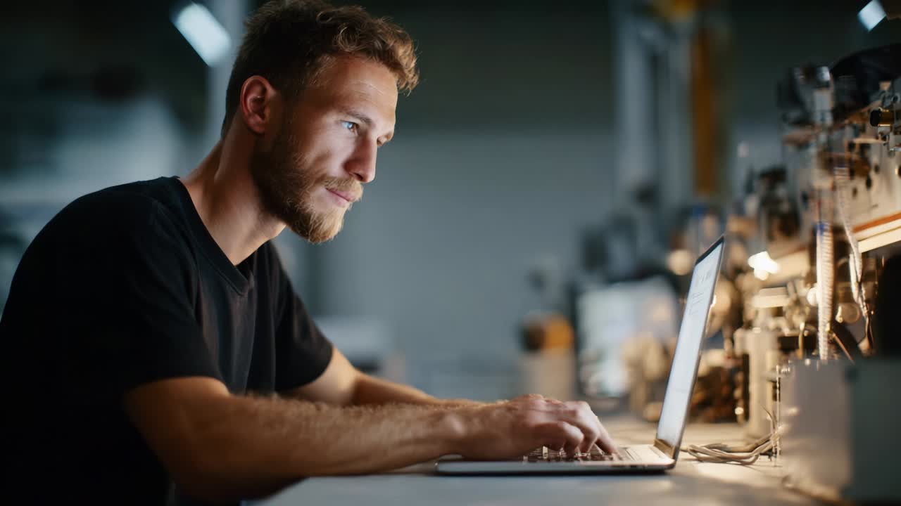 Focused Individual Engaged with Laptop in a Workspace Setting Highlighting the Importance of Determination and Creativity While Working on a Project Amidst Modern Tech Equipment in Background